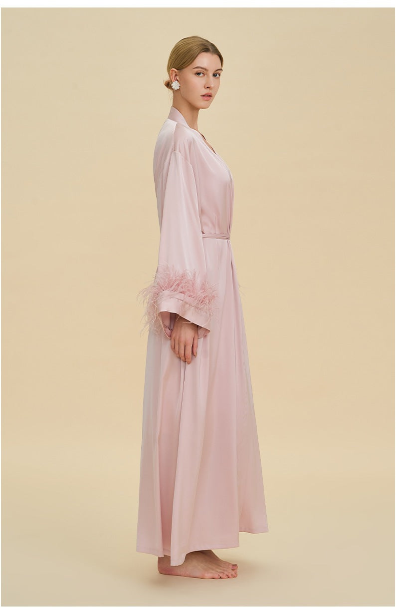 Ostrich Feather Cape Robe | Acetate Satin Luxury Loungewear
