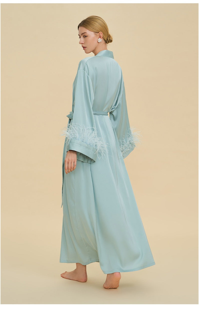 Ostrich Feather Cape Robe | Acetate Satin Luxury Loungewear