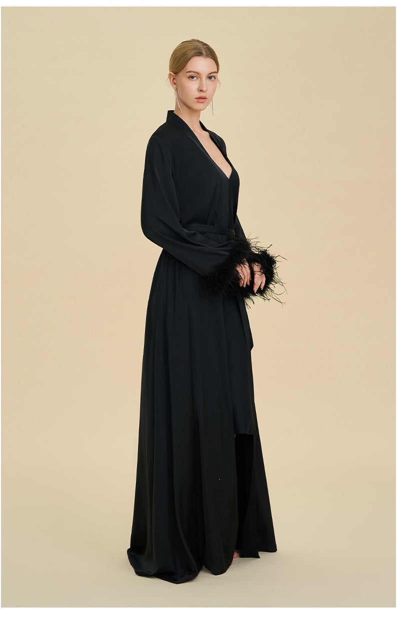 Feather Trim Luxury Robe | High-End Satin Bathrobe for Women