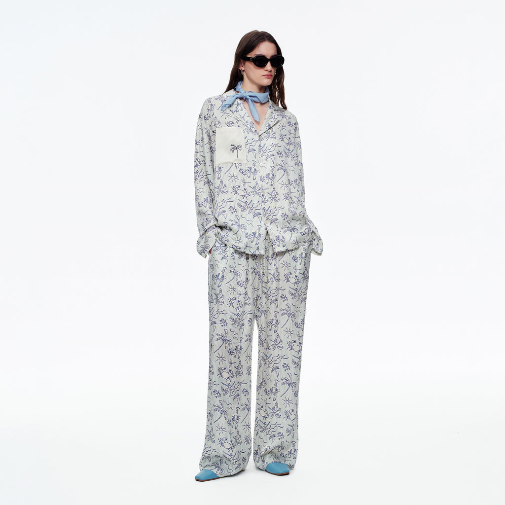 Coconut Grove Print Embroidery Long Sleeve Pajama Set | Spring & Autumn Loungewear