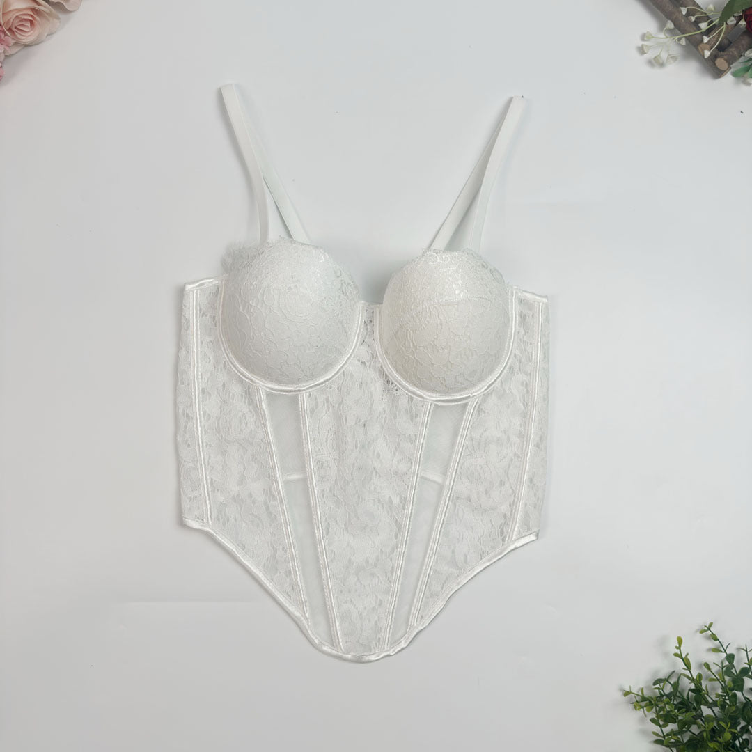 Lace & Mesh Splice Fishbone Corset Bra