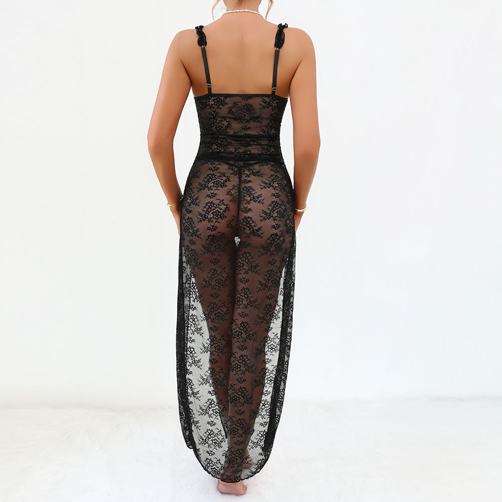 Black Lace Sheer Hollow-Out High-Slit Maxi Sleep Dress