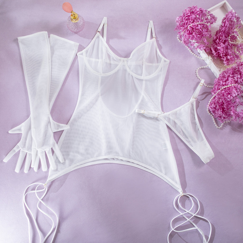 Sheer Mesh Backless Strap Glove Lingerie Set