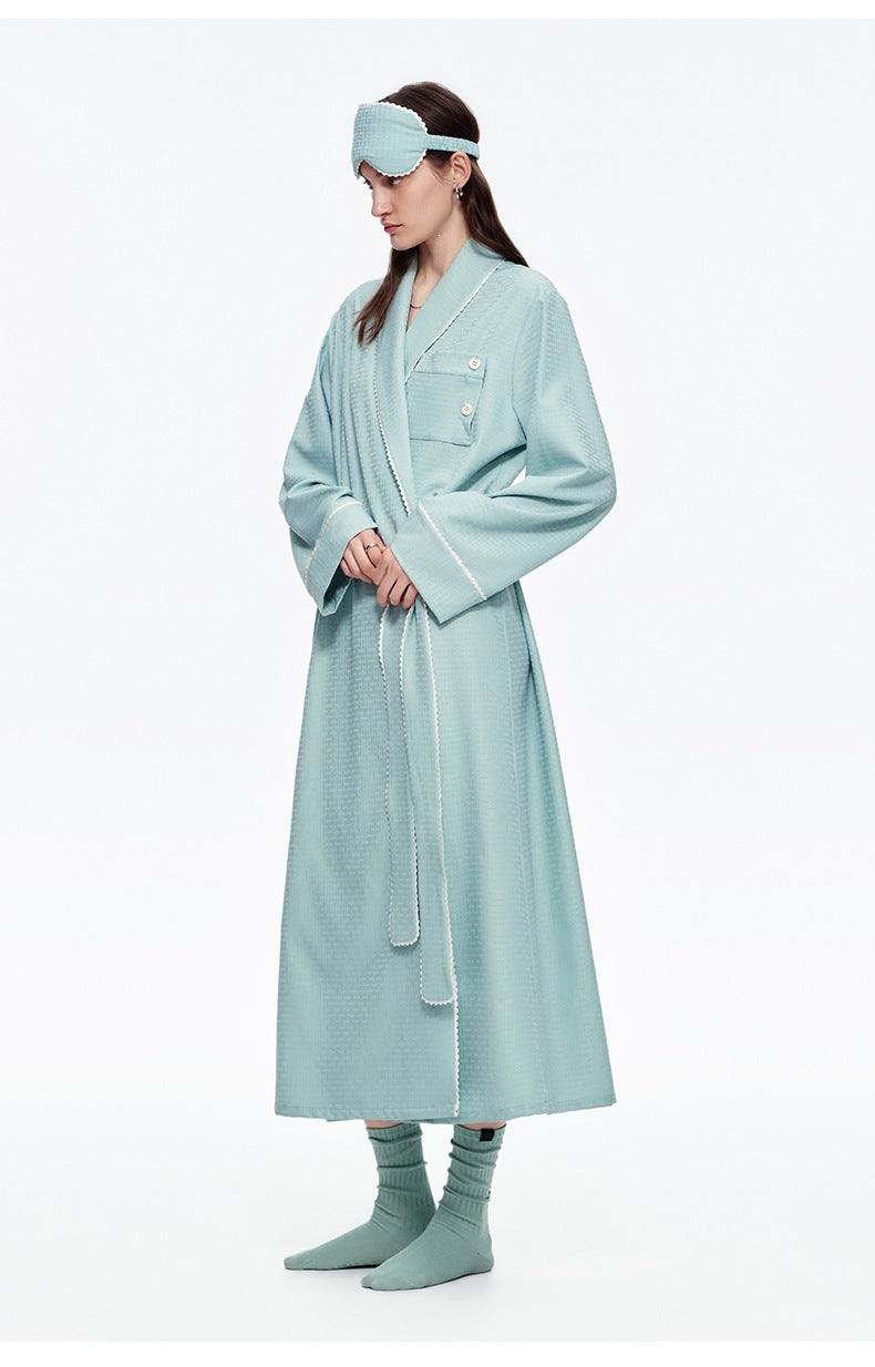 Stripe Waist-Tie Long Morning Robe | Soft Loungewear with Sleep Mask