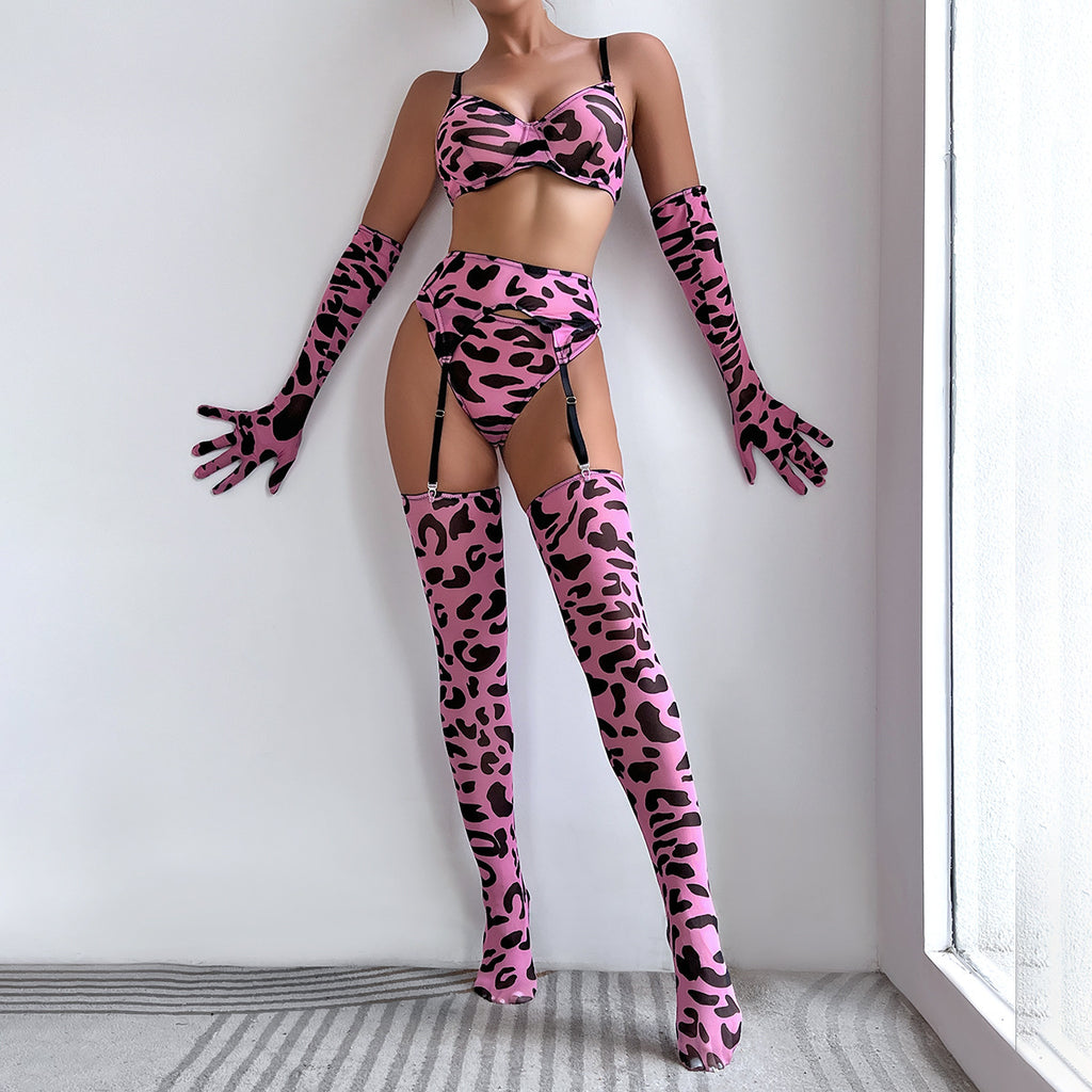 Leopard Print Bra Gloves Leg Sock Lingerie Set