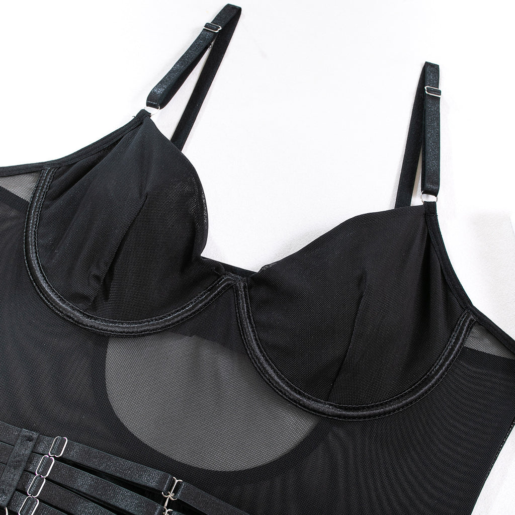 Strappy Patchwork Bodycon Gloves 3-Piece Lingerie Set