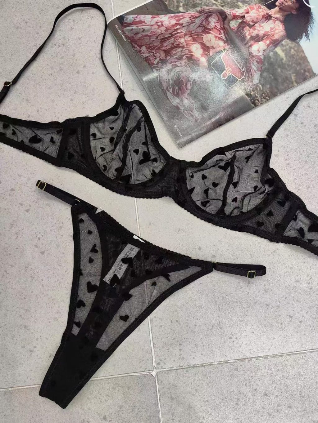 Heart Print Mesh Lace Bra Set – French Ultra-Thin, Push-Up