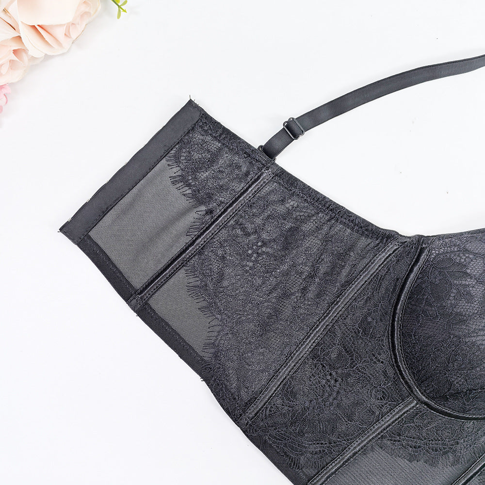 V-Neck Eyelash Lace Fishbone Corset Bra