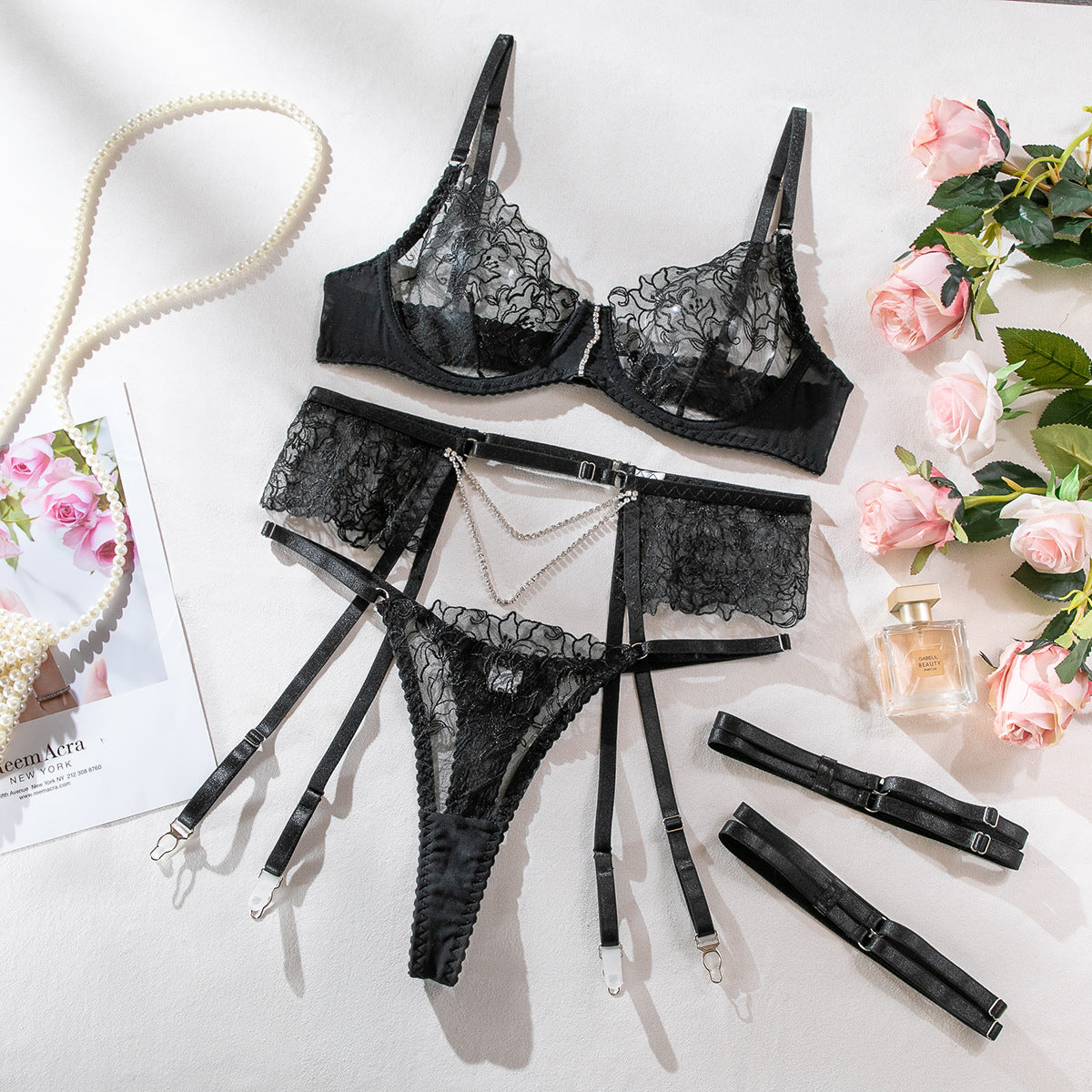 Enchanted Embroidery Chain Sheer Lingerie Set