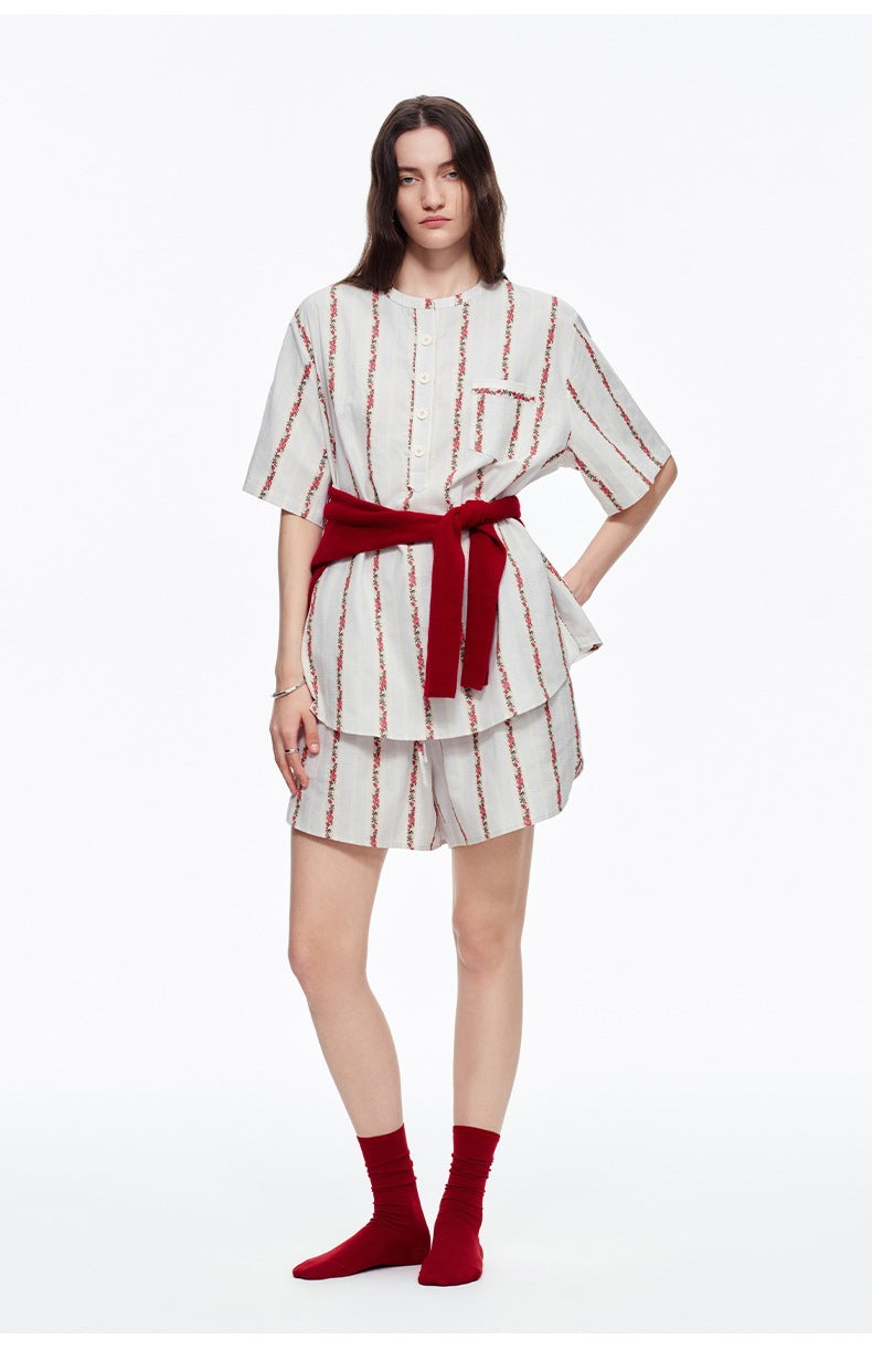 Pure Cotton Rose Stripe Short Sleeve Pajama Set | Sweet Summer Loungewear