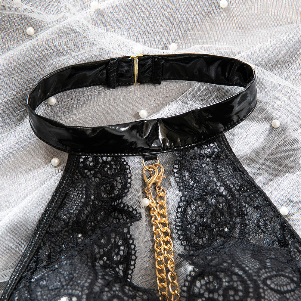 Lace Patent Leather Halter Chain Bodysuit