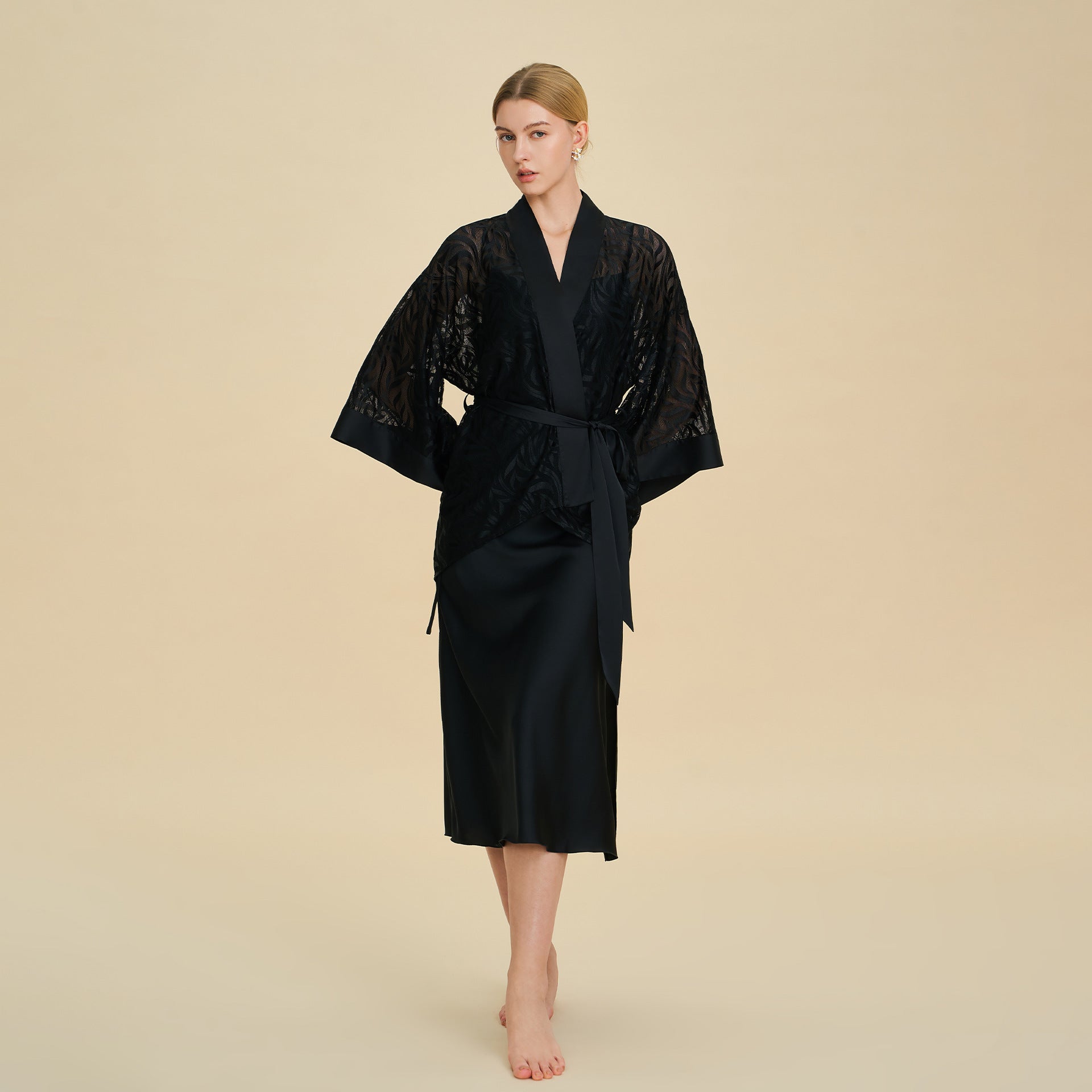 Mesh Lace French Short Robe – Sheer Nylon Homewear