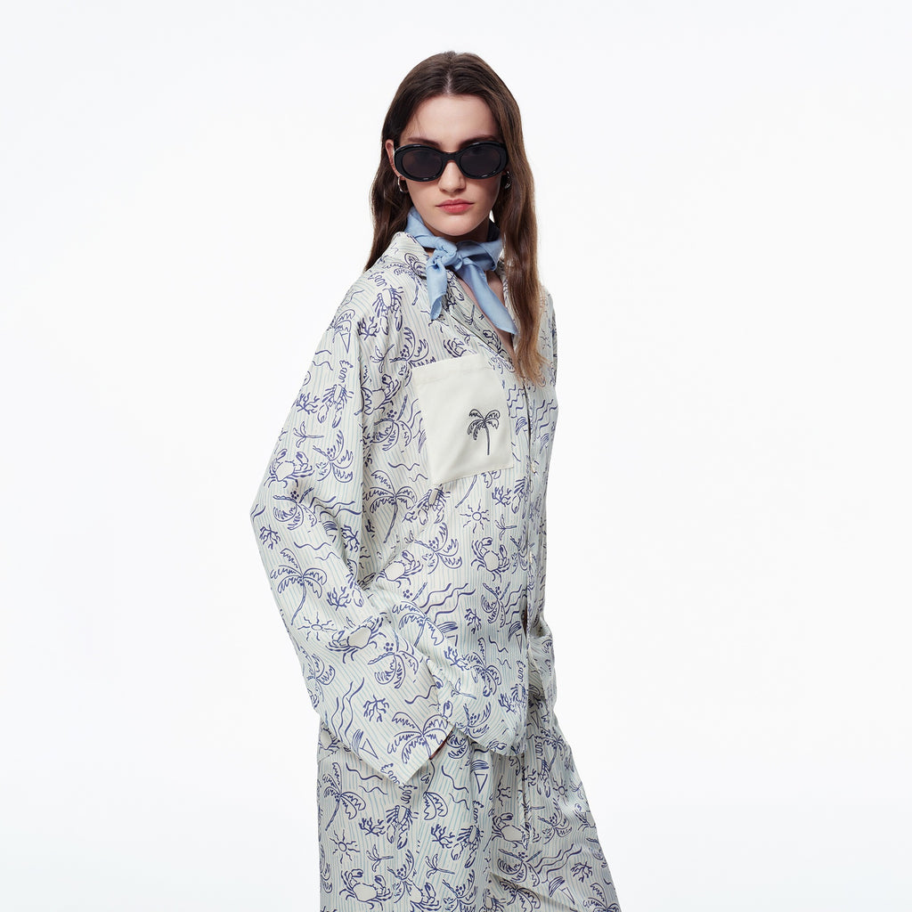 Coconut Grove Print Embroidery Long Sleeve Pajama Set | Spring & Autumn Loungewear