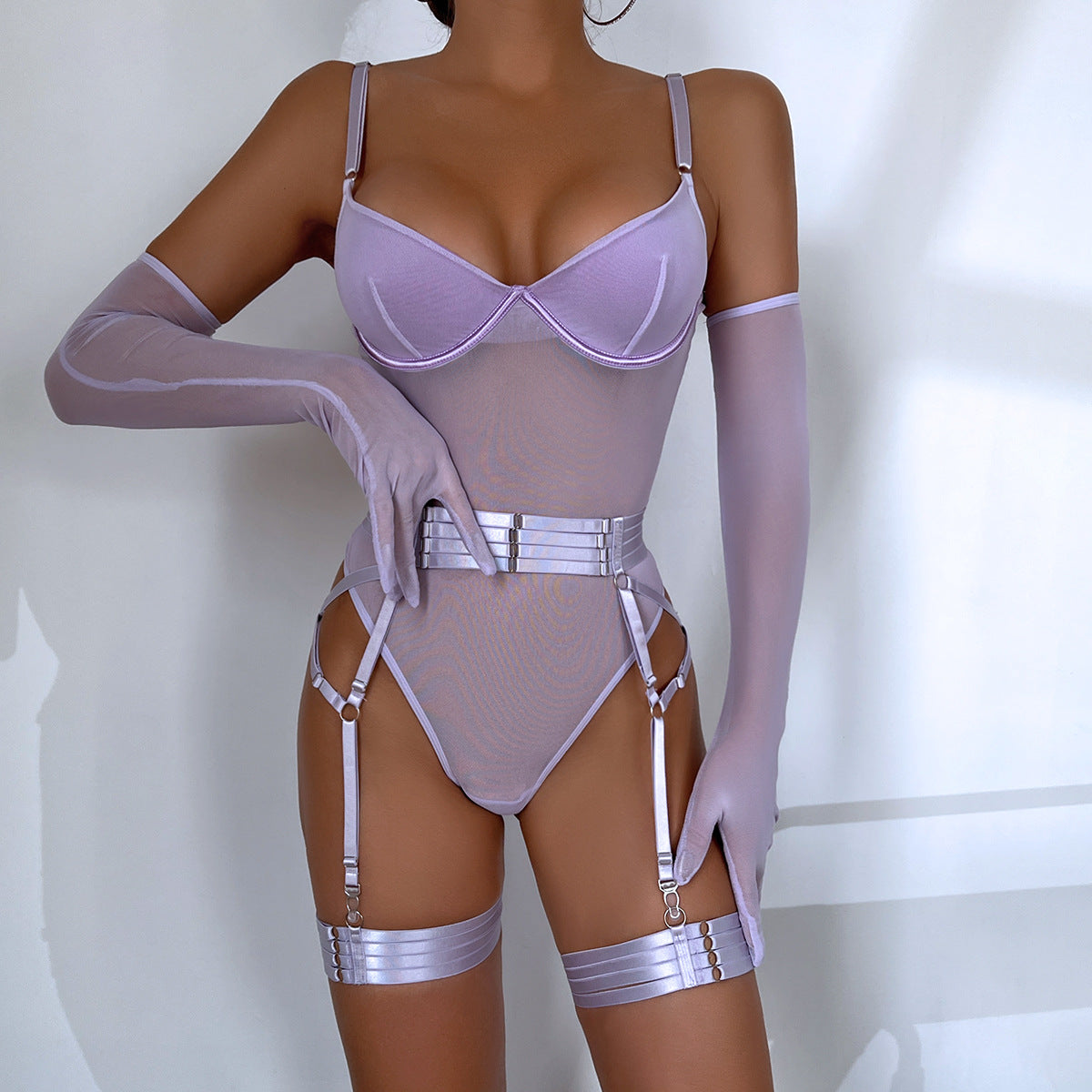Strappy Patchwork Bodycon Gloves 3-Piece Lingerie Set