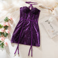 Purple Hollow Lace Splice Halter Neck Lift Babydoll Dress Set