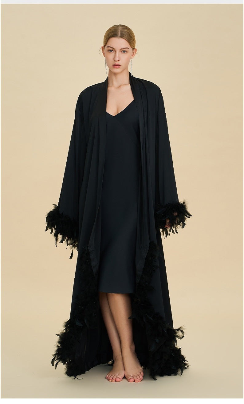 Feather Trim Trailing Long Morning Robe | Luxury Nightgown Robe