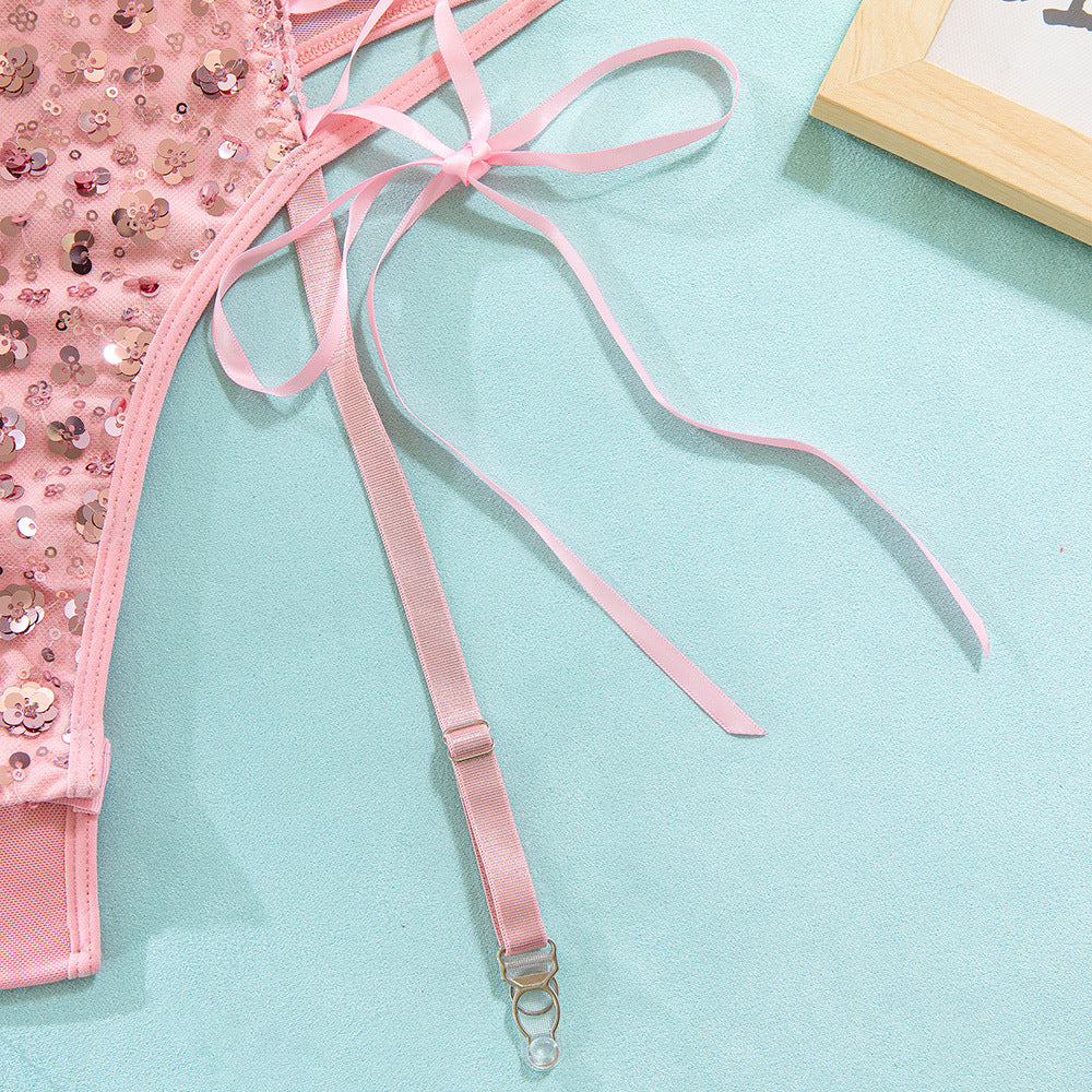 Pink Sequin Butterfly Strap Bodysuit | Sculpting Gather Onesie