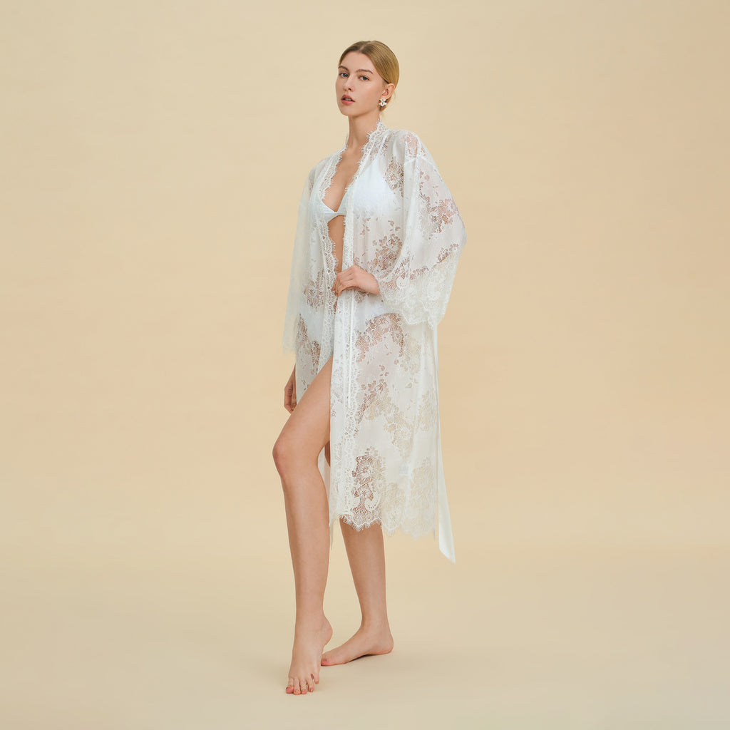Lace Trim Nylon Long Robe – French Luxury Loose Fit Loungewear