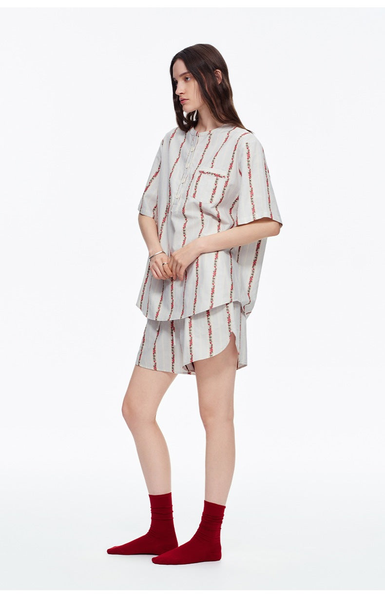 Pure Cotton Rose Stripe Short Sleeve Pajama Set | Sweet Summer Loungewear