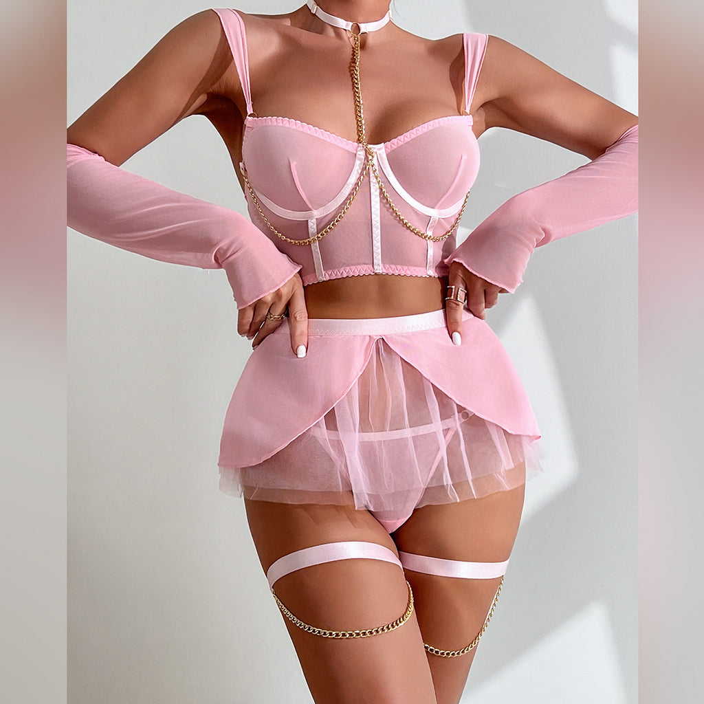 Sheer Mesh Skirt Chain Halter Glove