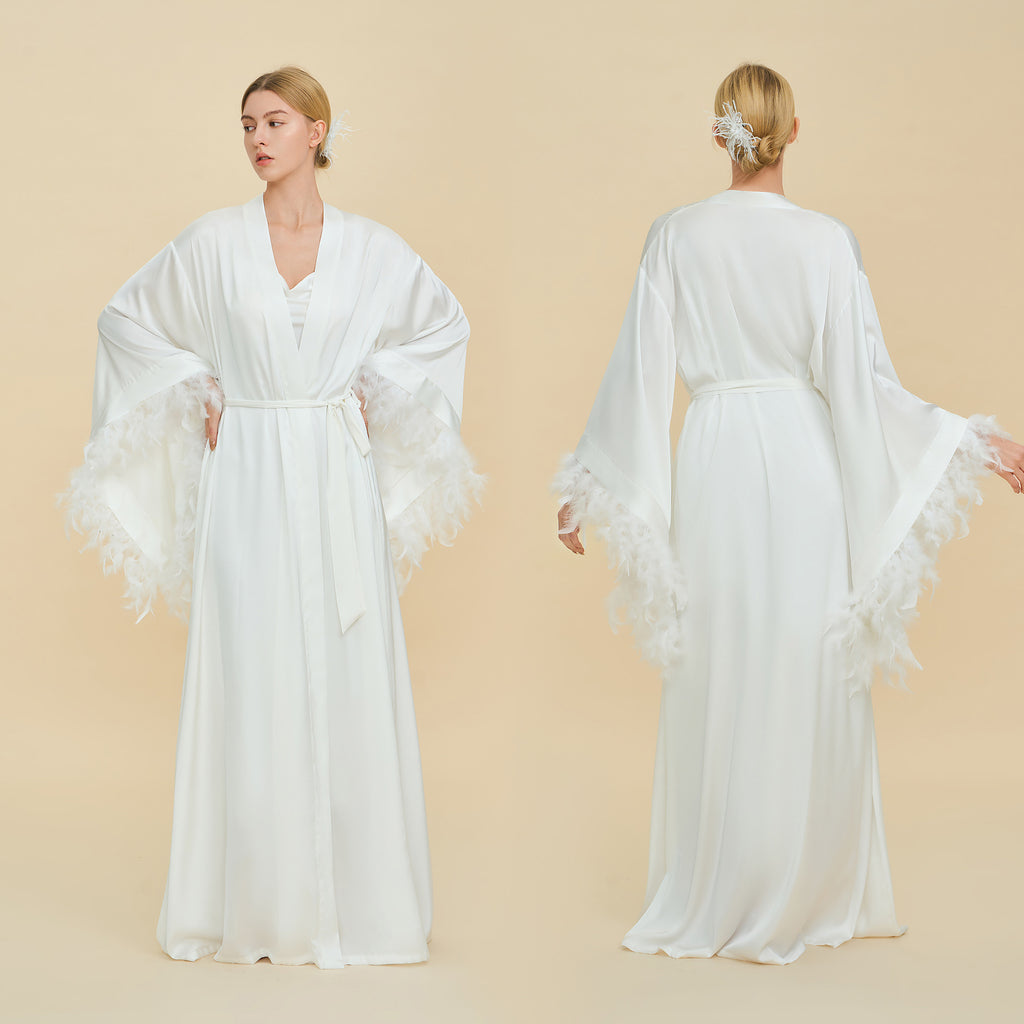 French Feather Trim Luxury Robe | Bridal & Bridesmaid Morning Gown