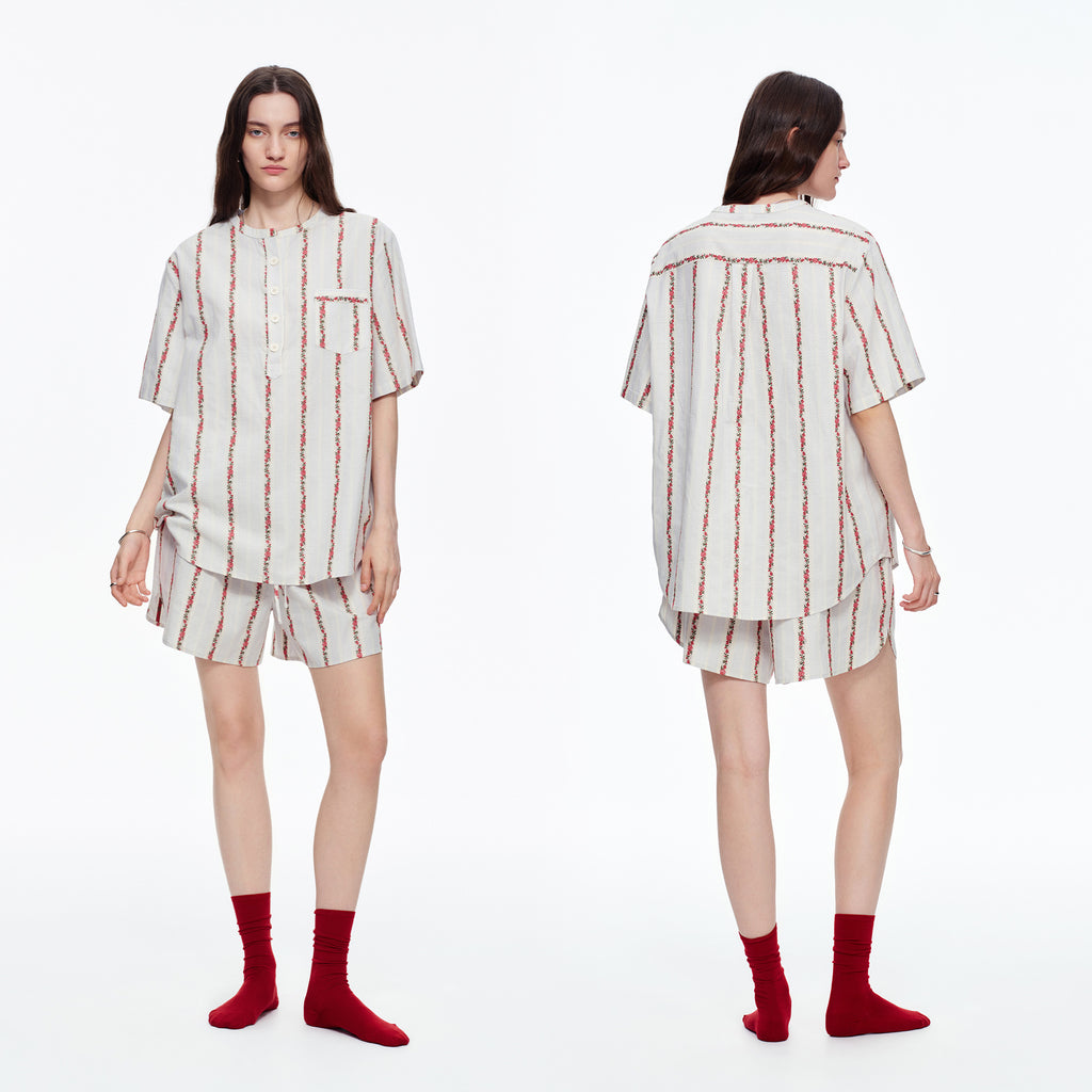 Pure Cotton Rose Stripe Short Sleeve Pajama Set | Sweet Summer Loungewear