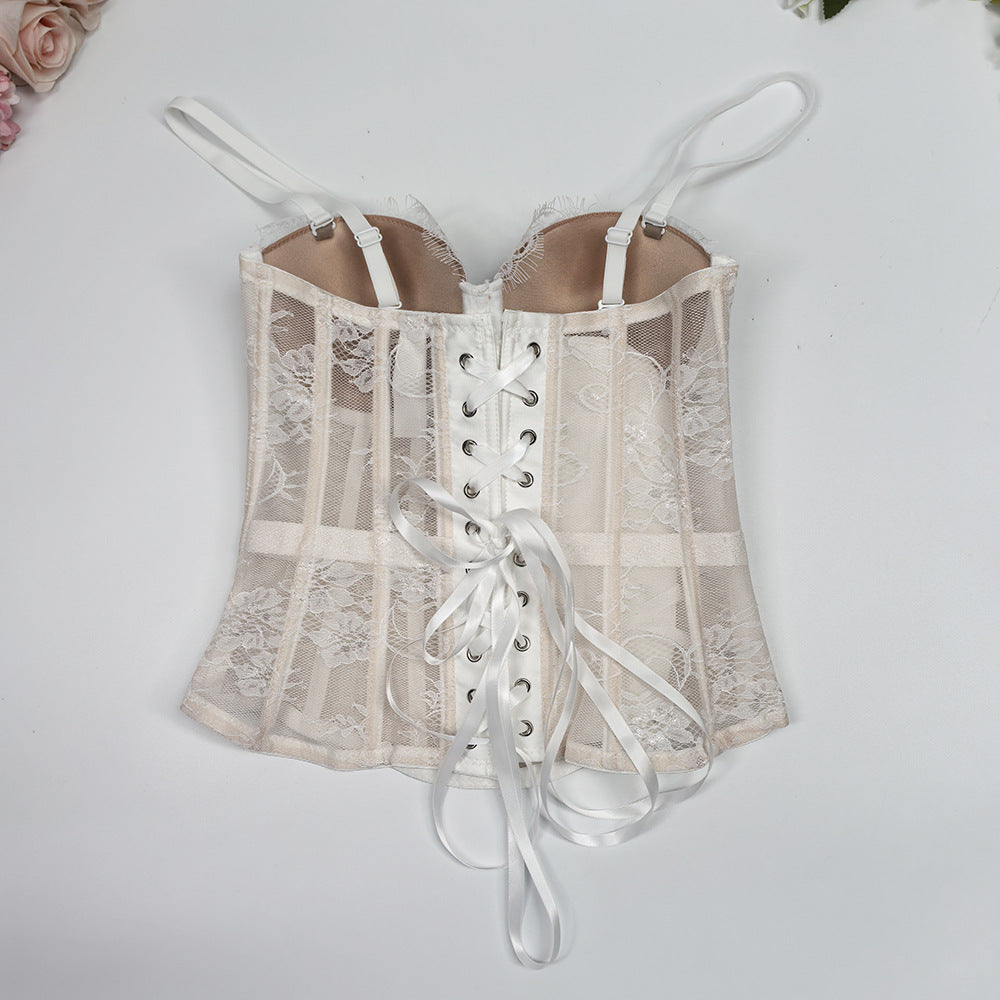 Solid Lace Off-Shoulder Fishbone Corset Bra