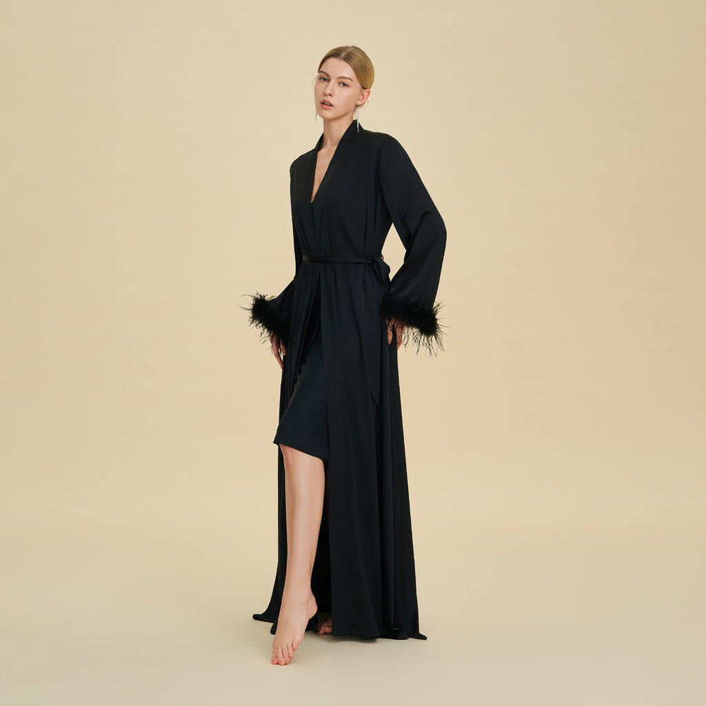 Feather Trim Luxury Robe | High-End Satin Bathrobe for Women