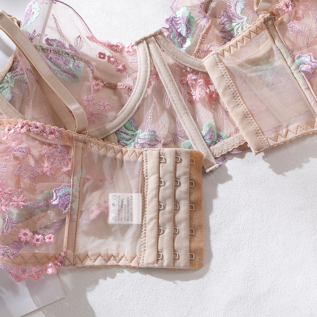 Sheer Mesh Boned Underwire Embroidered Lingerie Set