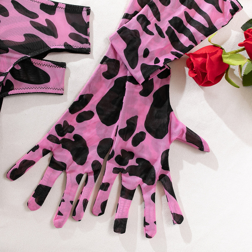 Leopard Print Bra Gloves Leg Sock Lingerie Set