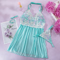 Mint Green Embroidery Mesh Halter Neck Babydoll Four-Piece Set