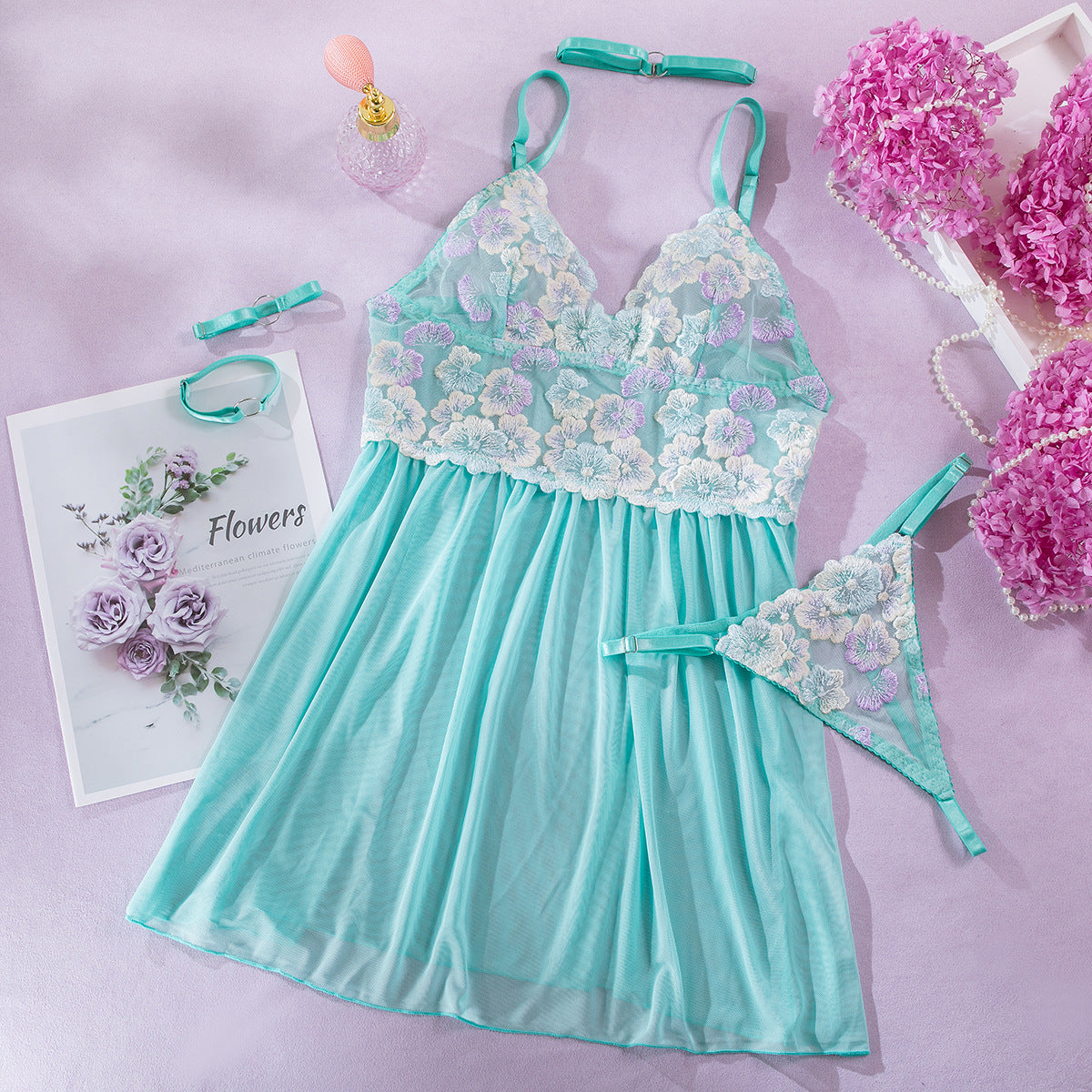 Mint Green Embroidery Mesh Halter Neck Babydoll Four-Piece Set