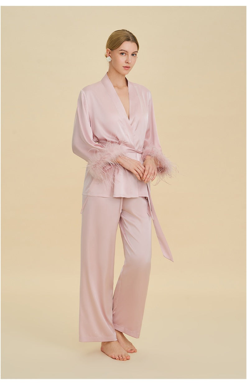 Feather Trim Long Sleeve Pajama Set | Detachable Luxury Loungewear