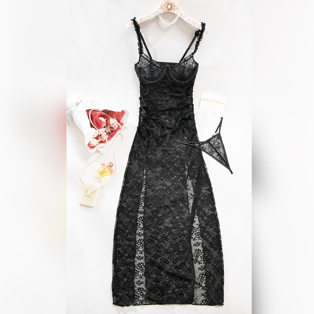 Black Lace Sheer Hollow-Out High-Slit Maxi Sleep Dress