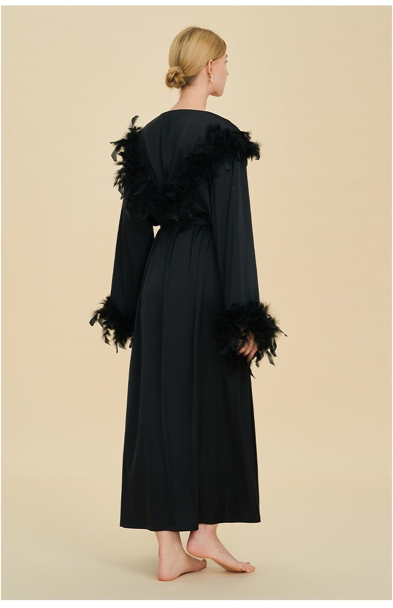 Hooded Feather Trim Long Robe | Detachable Luxury Loungewear