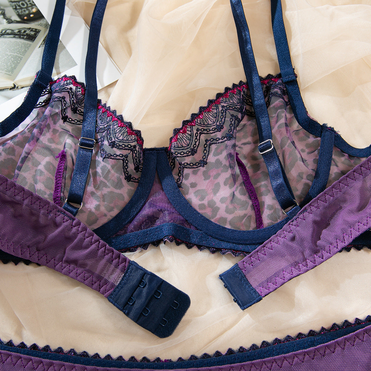 Purple French Colorblock Sheer Lingerie Set