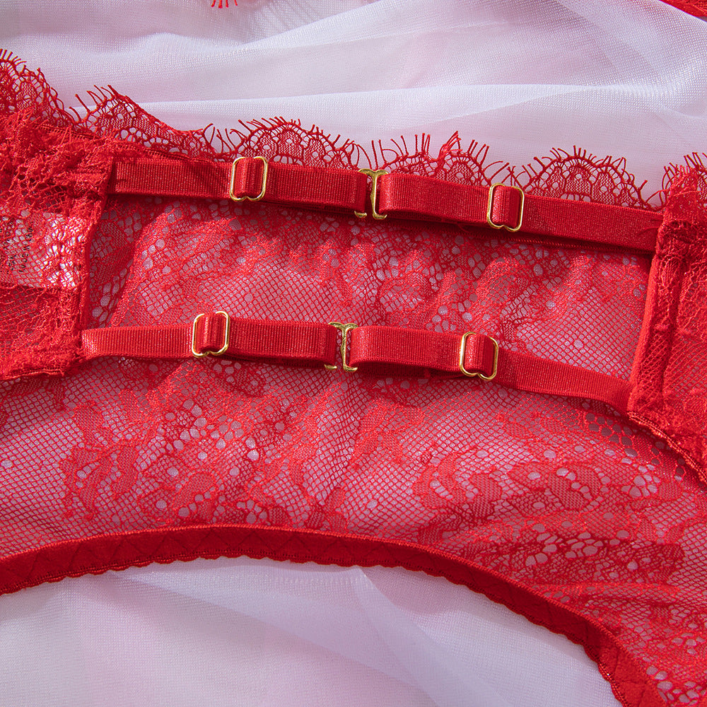 Lace Eyelash Frill Hollow-Out Halter Bra & Garter 4-Piece Lingerie Set
