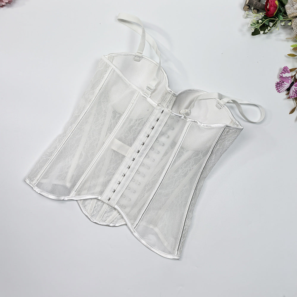 Mesh Off-Shoulder Lace Fishbone Corset Bra