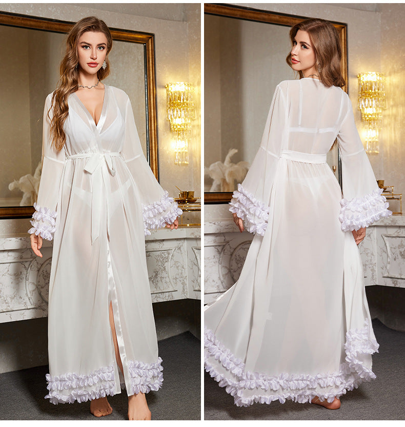 Lace Trim Semi-Sheer Long Robe – Sexy Floral Mesh Loungewear