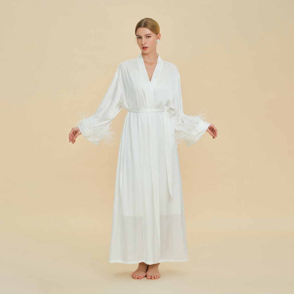 Ostrich Feather Cape Robe | Acetate Satin Luxury Loungewear
