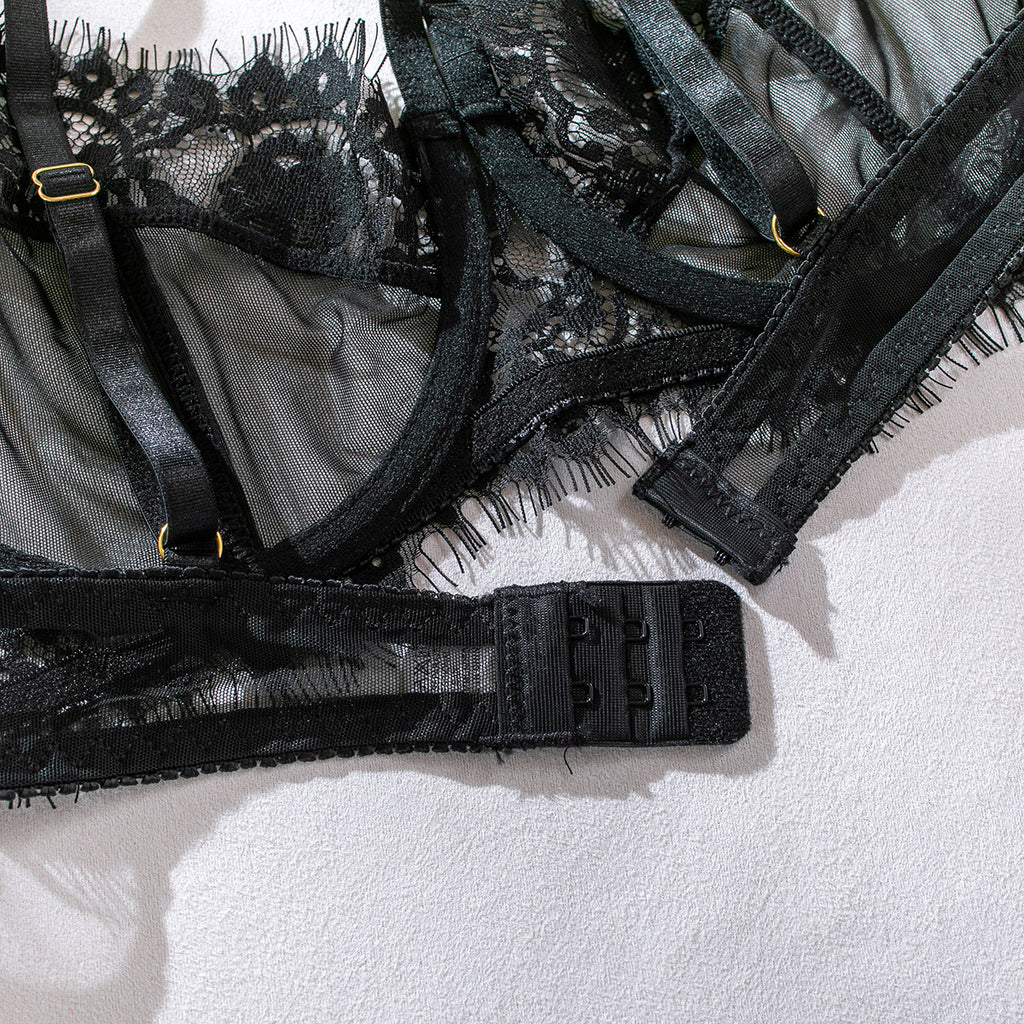Sheer Lace Gathering Bra 3-Piece Lingerie Set