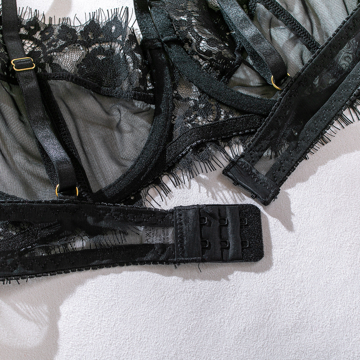 Sheer Lace Gathering Bra 3-Piece Lingerie Set