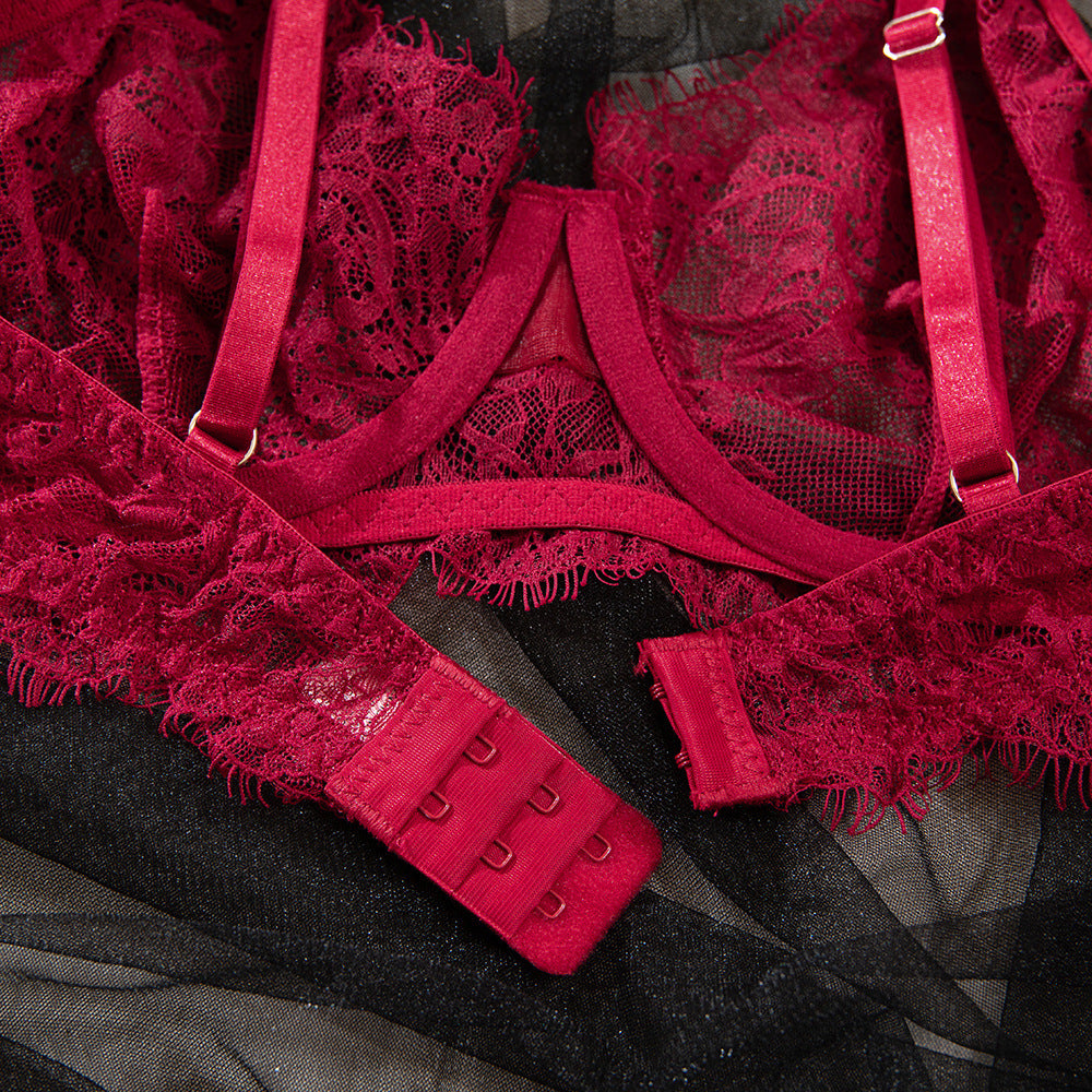 Burgundy Lightweight Lace Breathable Lift Minimizing Bra Set