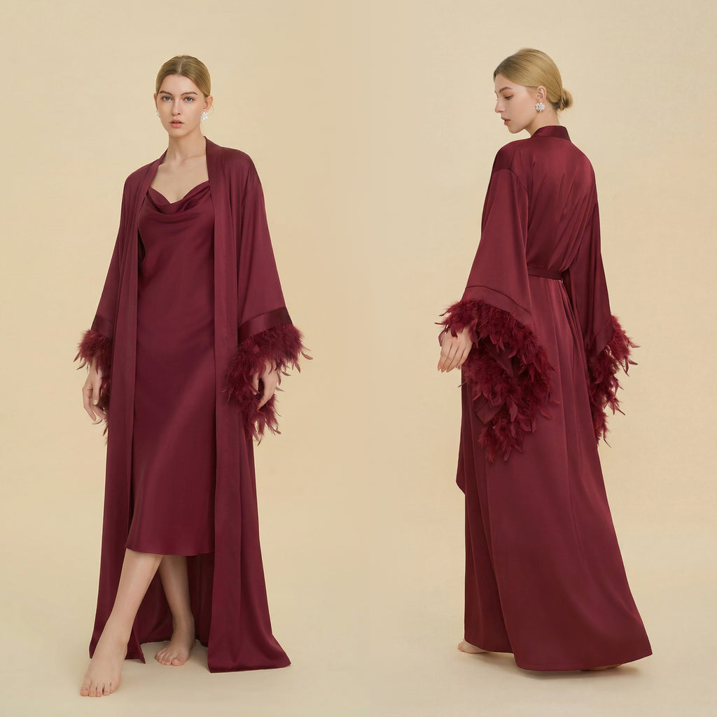 French Feather Trim Bridal Robe Set | Luxury Bridesmaid & Wedding Nightgown