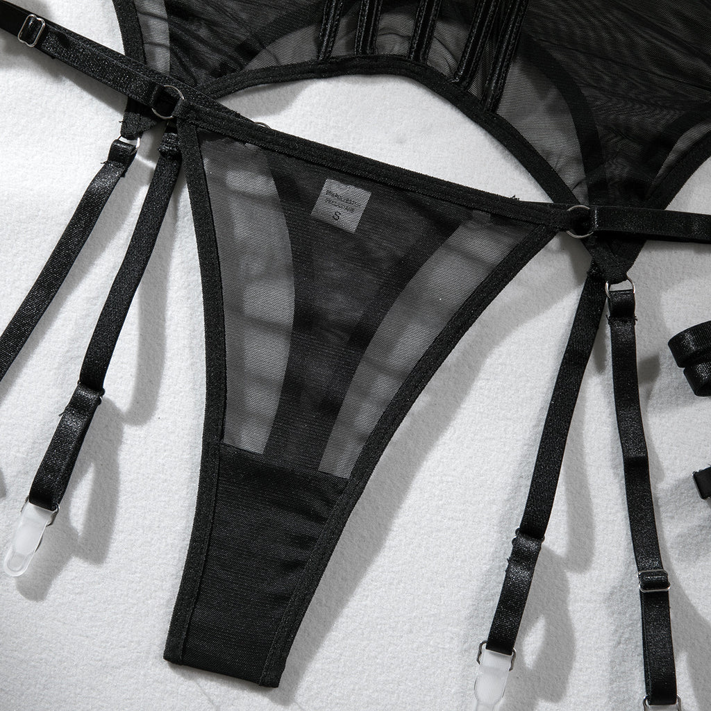 Mesh Underwire Gathering Garter Lingerie Set