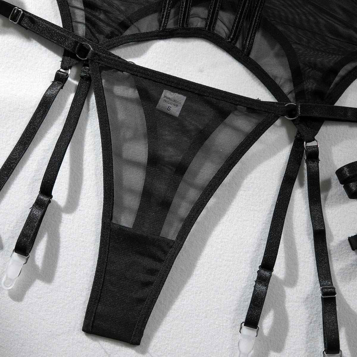 Mesh Underwire Gathering Garter Lingerie Set