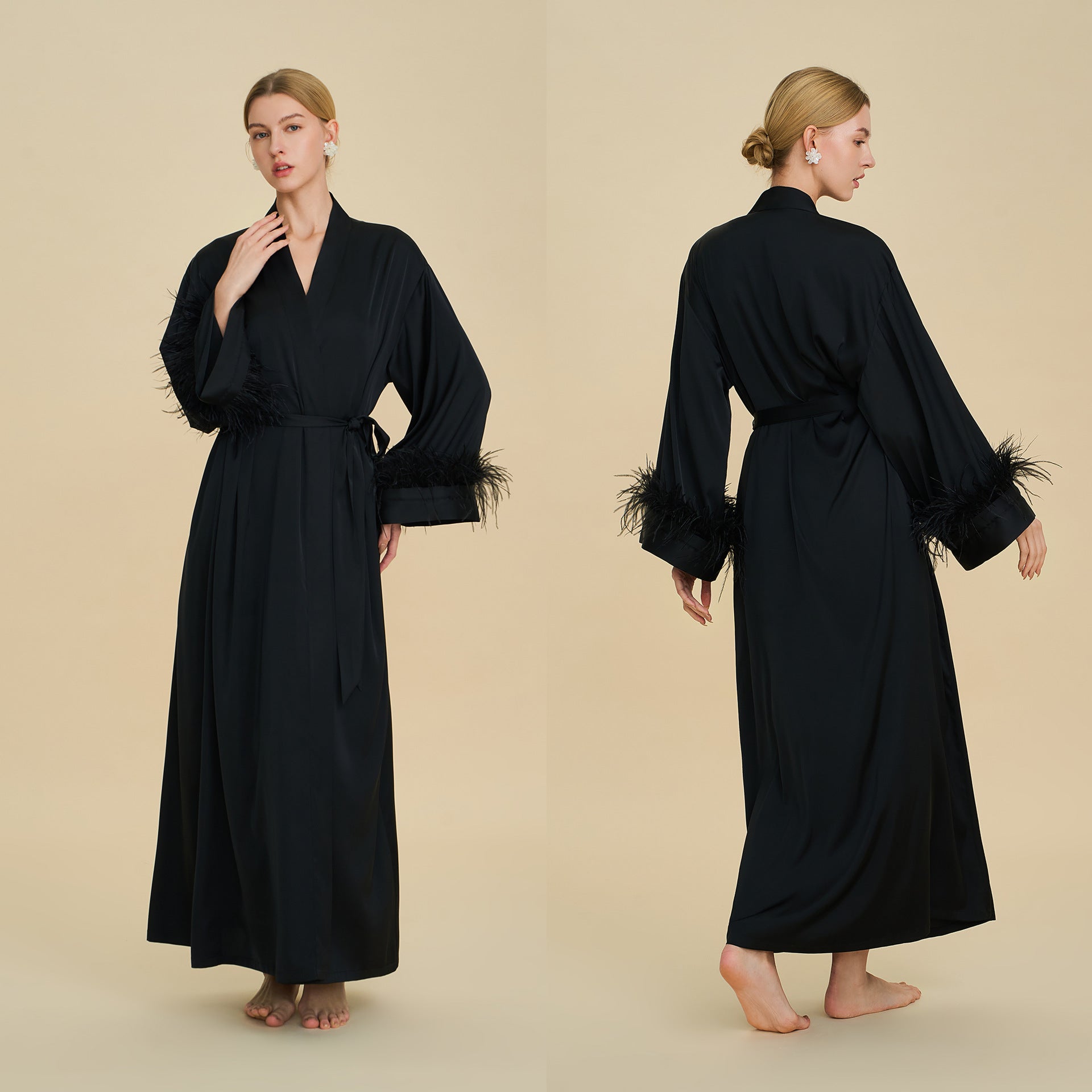 Ostrich Feather Cape Robe | Acetate Satin Luxury Loungewear