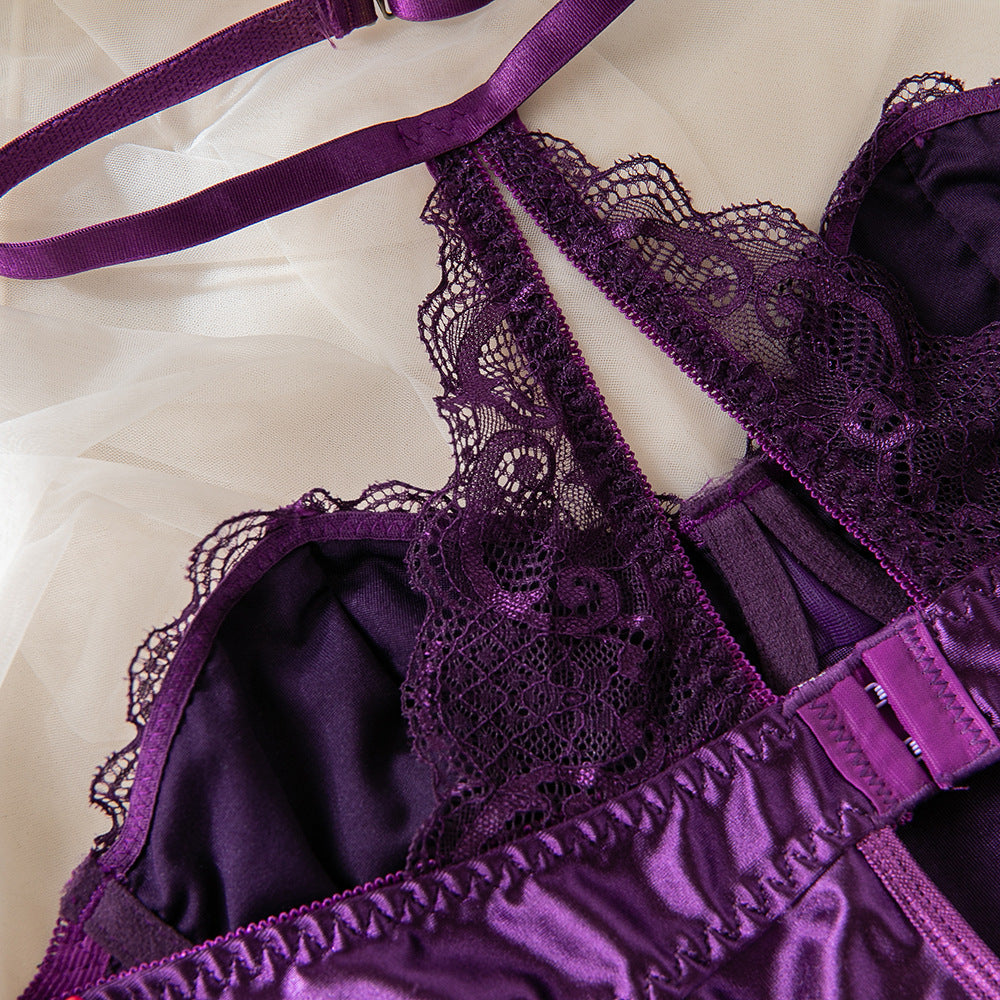 Purple Hollow Lace Splice Halter Neck Lift Babydoll Dress Set