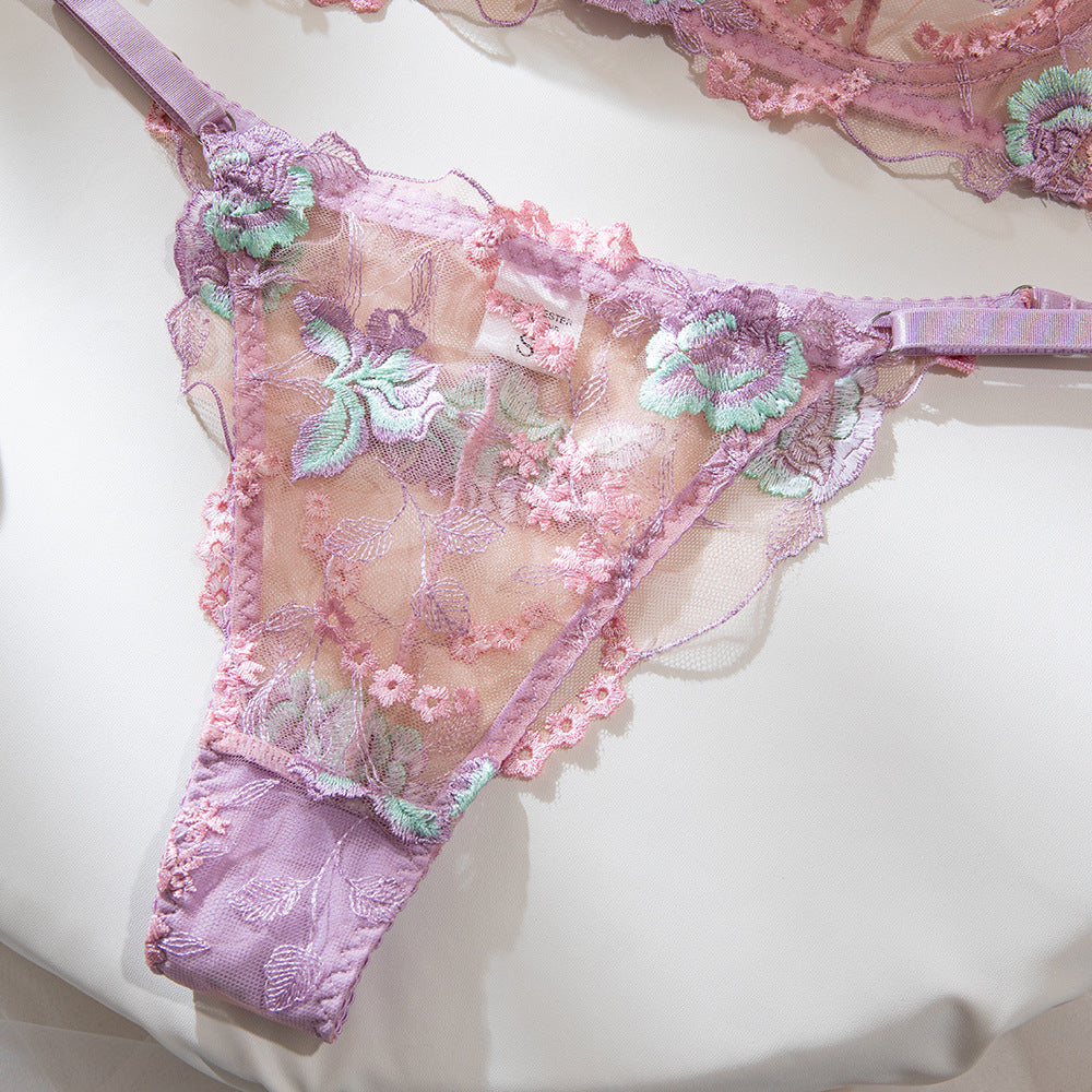 Pink Single-Layer Lace Embroidery Underwire Lift Bra Set