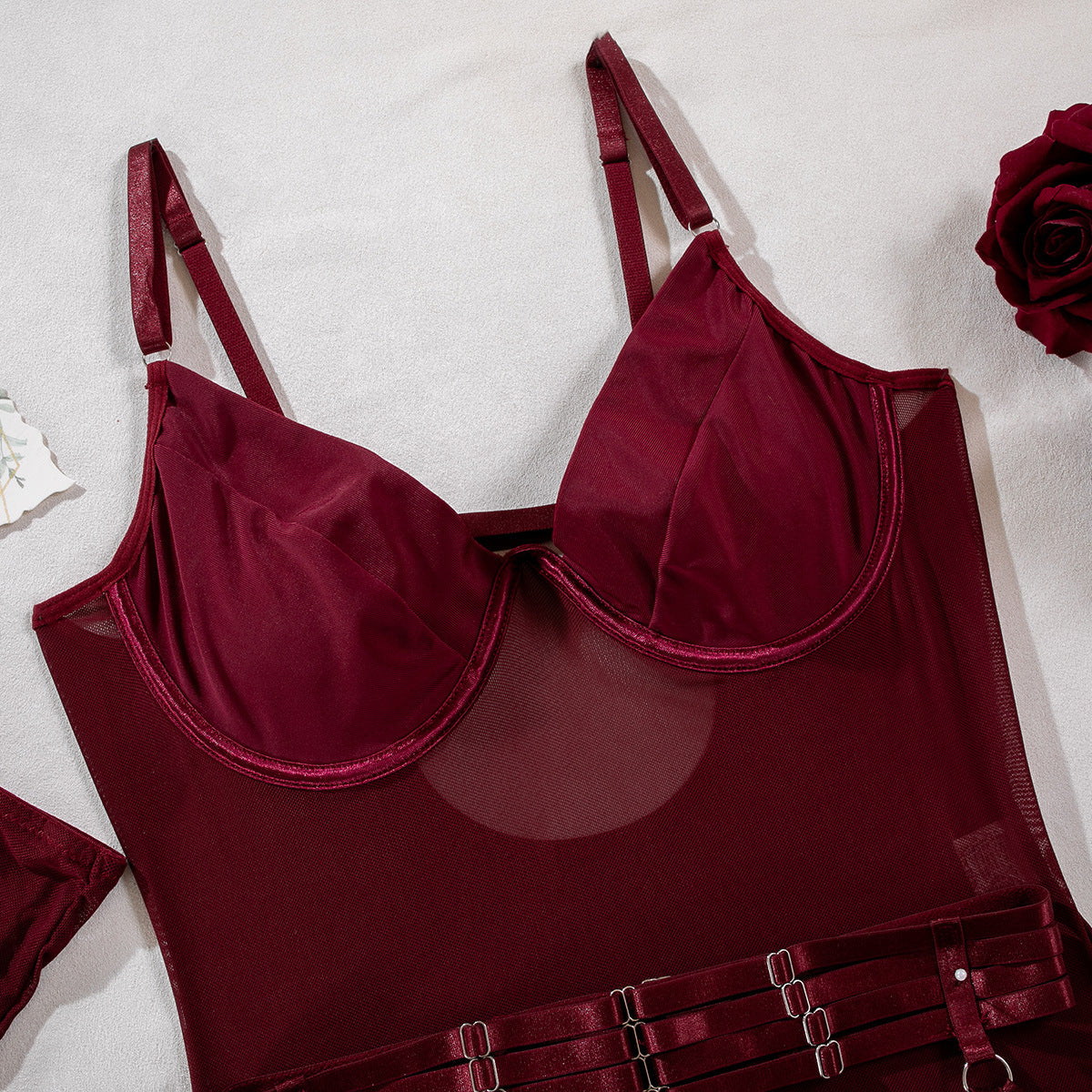 Strappy Patchwork Bodycon Gloves 3-Piece Lingerie Set